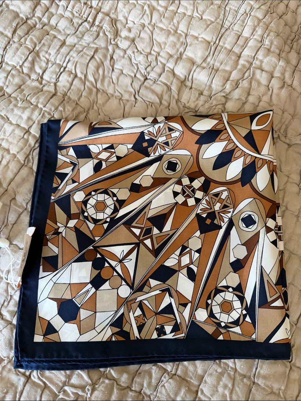 Tory Burch Geometric Silk Scarf in Brown, Navy & Cream